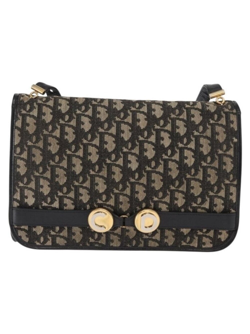 Authentic Christian Dior Trotter Canvas Shoulder Bag Black Gold - Picture 5 of 16